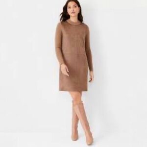 Ann Taylor Faux Suede Sweater Dress Size S Petite Brown Mixed Media Sheath Shift